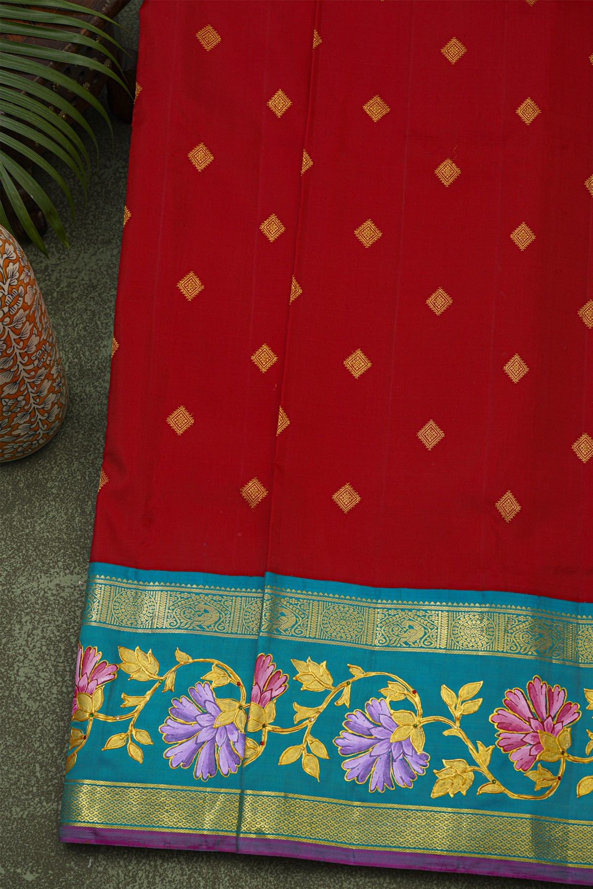 Gadwal Silk Red Saree With Tanjore Hand-Painted Florals Border