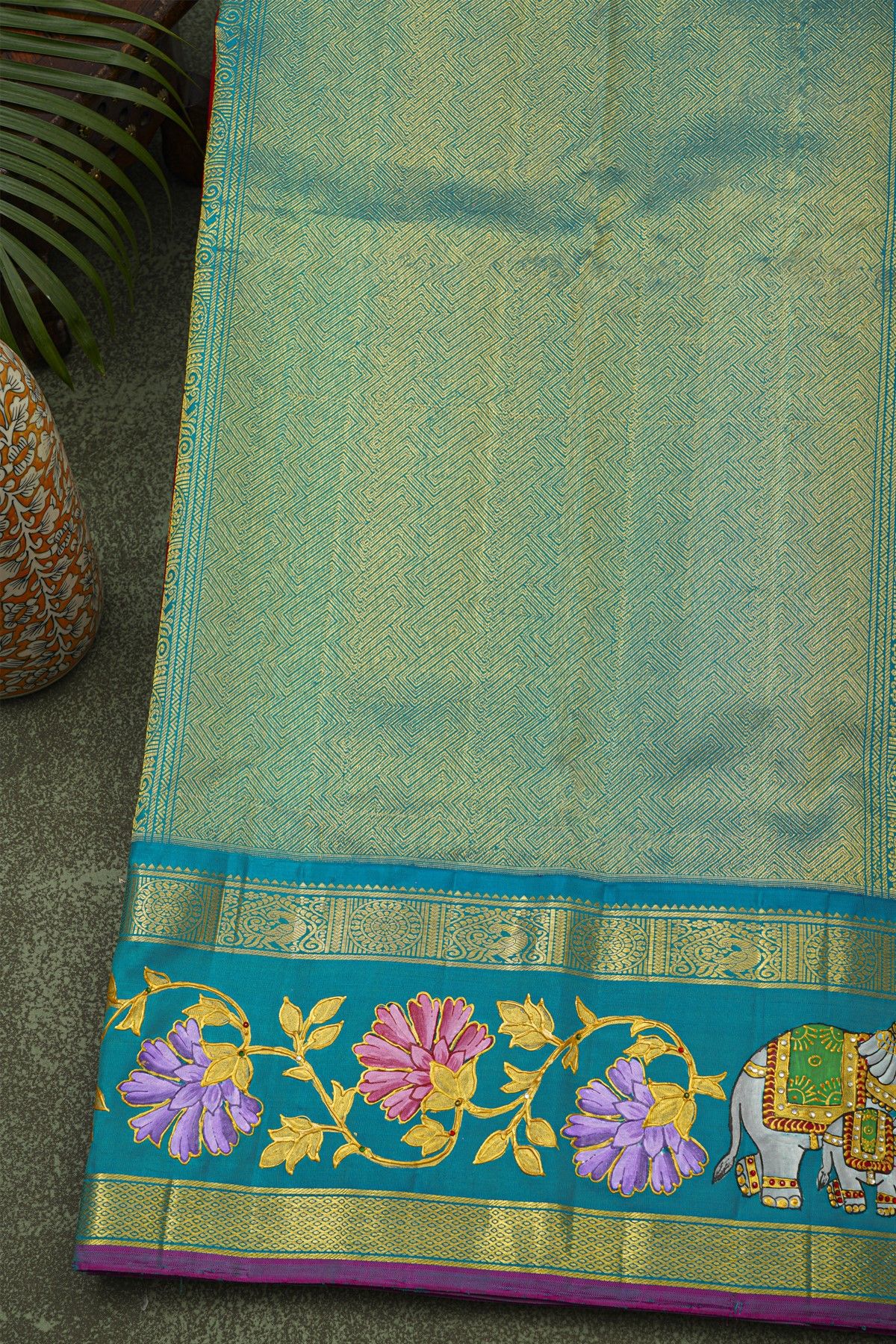 Gadwal Silk Red Saree With Tanjore Hand-Painted Florals Border