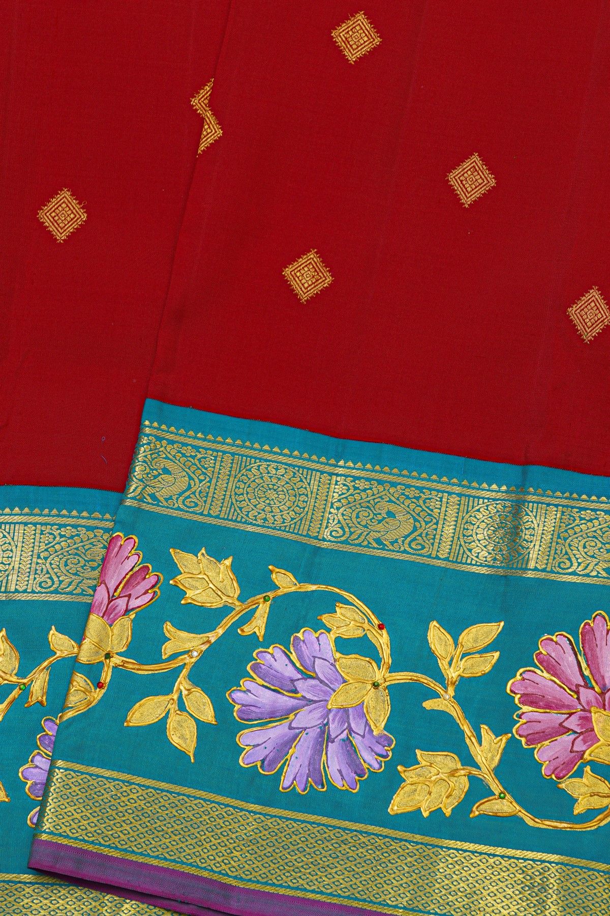Gadwal Silk Red Saree With Tanjore Hand-Painted Florals Border