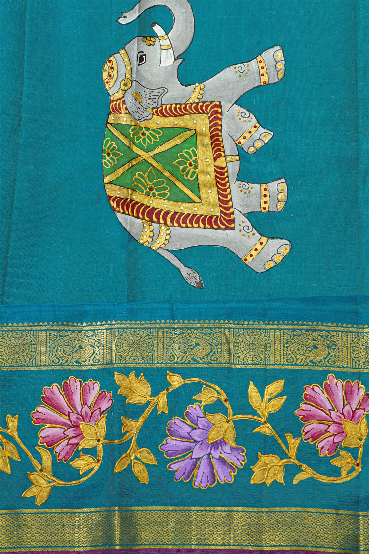 Gadwal Silk Red Saree With Tanjore Hand-Painted Florals Border