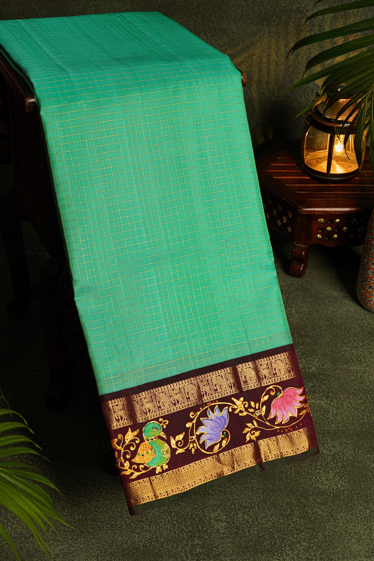 Gadwal Silk Sea Green Saree With Tanjore Hand-Painted Peacock And Floral Border