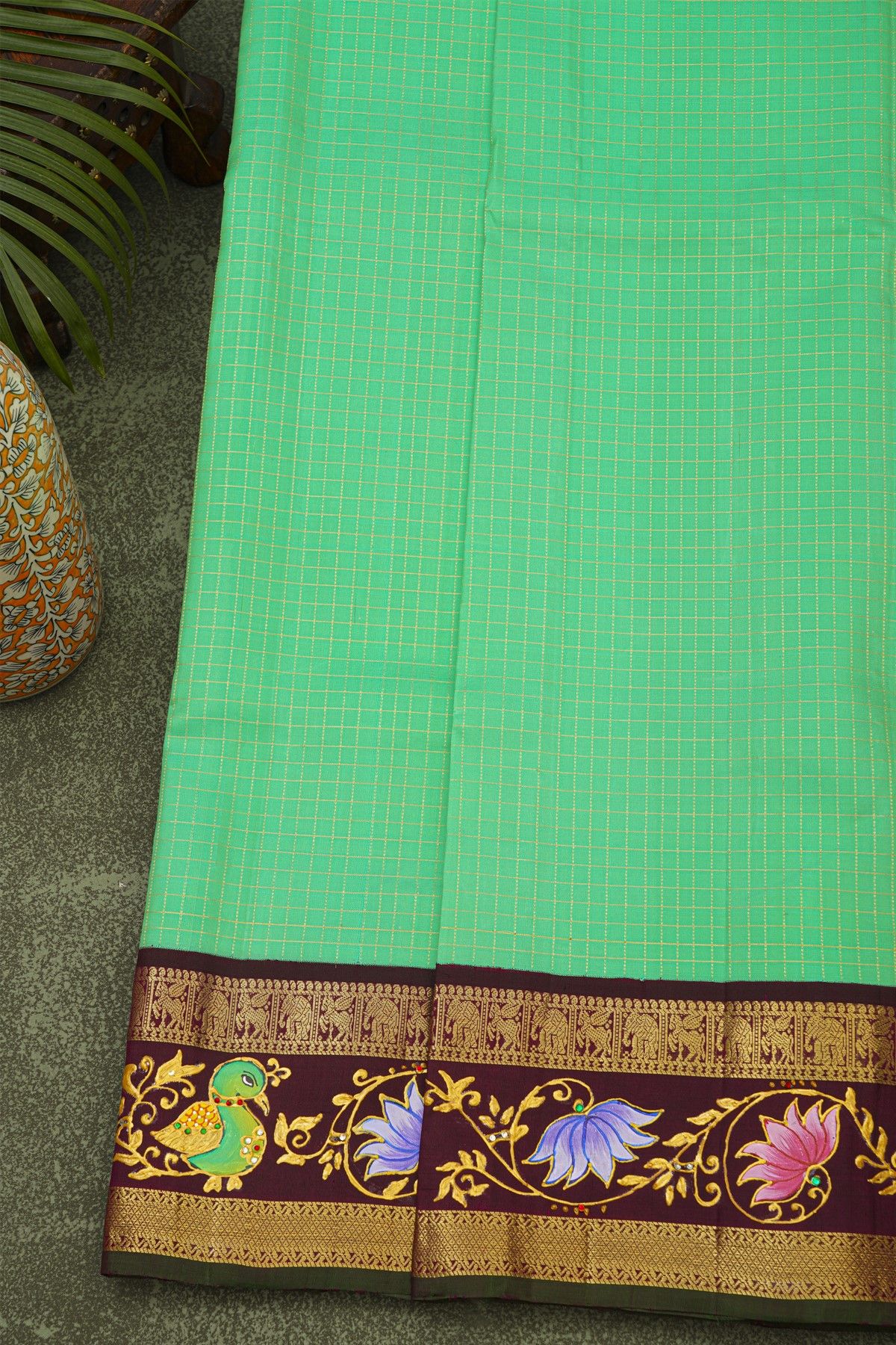 Gadwal Silk Sea Green Saree With Tanjore Hand-Painted Peacock And Floral Border