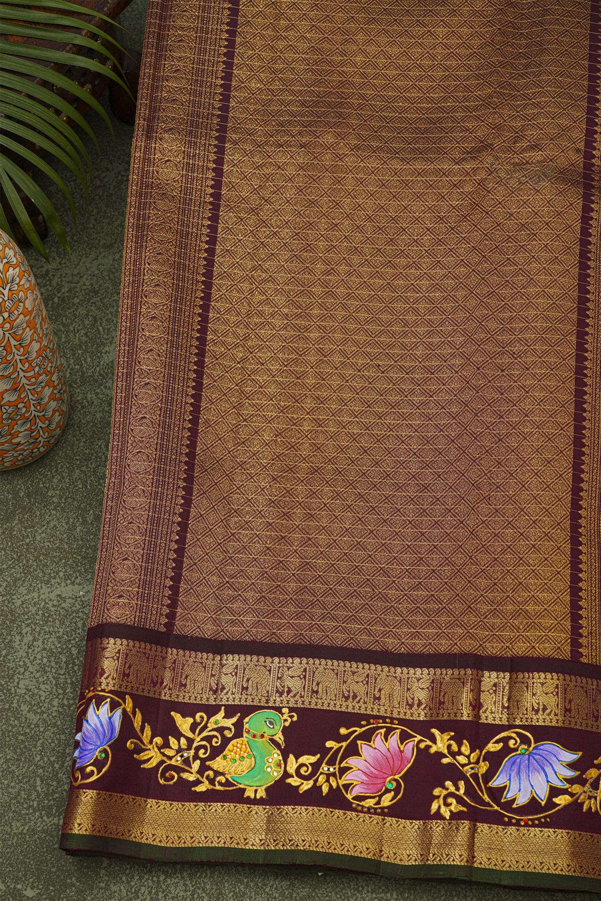 Gadwal Silk Sea Green Saree With Tanjore Hand-Painted Peacock And Floral Border