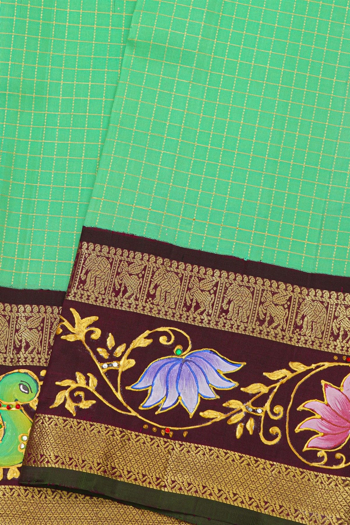 Gadwal Silk Sea Green Saree With Tanjore Hand-Painted Peacock And Floral Border