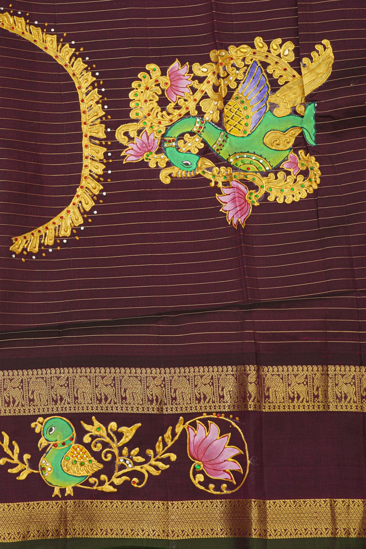 Gadwal Silk Sea Green Saree With Tanjore Hand-Painted Peacock And Floral Border