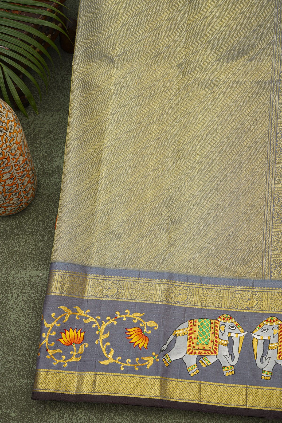 Gadwal Silk Orange Saree With Tanjore Hand-Painted Florals And Elephants Border