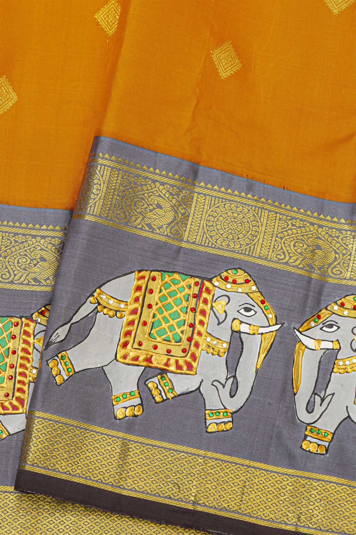 Gadwal Silk Orange Saree With Tanjore Hand-Painted Florals And Elephants Border