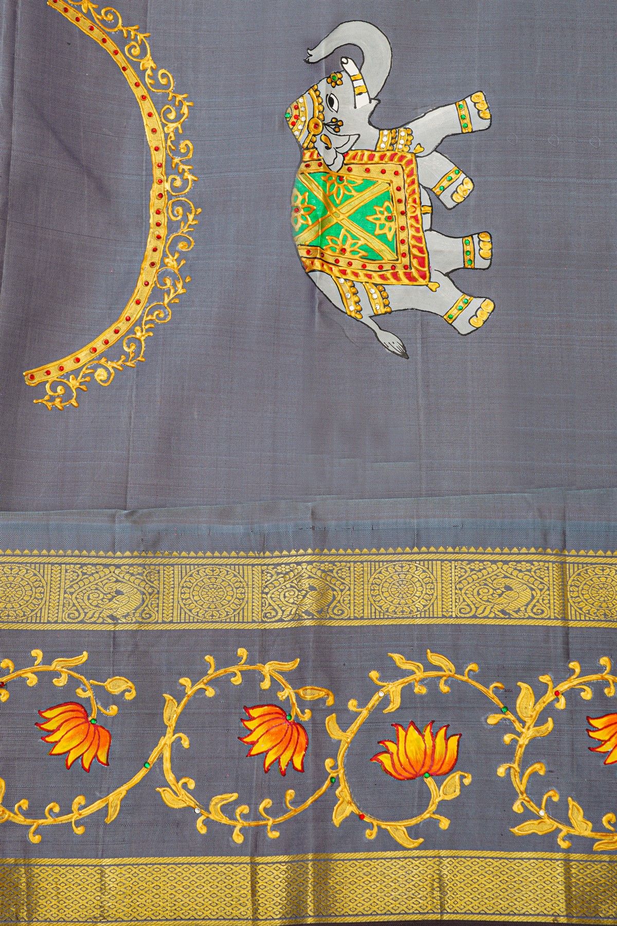Gadwal Silk Orange Saree With Tanjore Hand-Painted Florals And Elephants Border