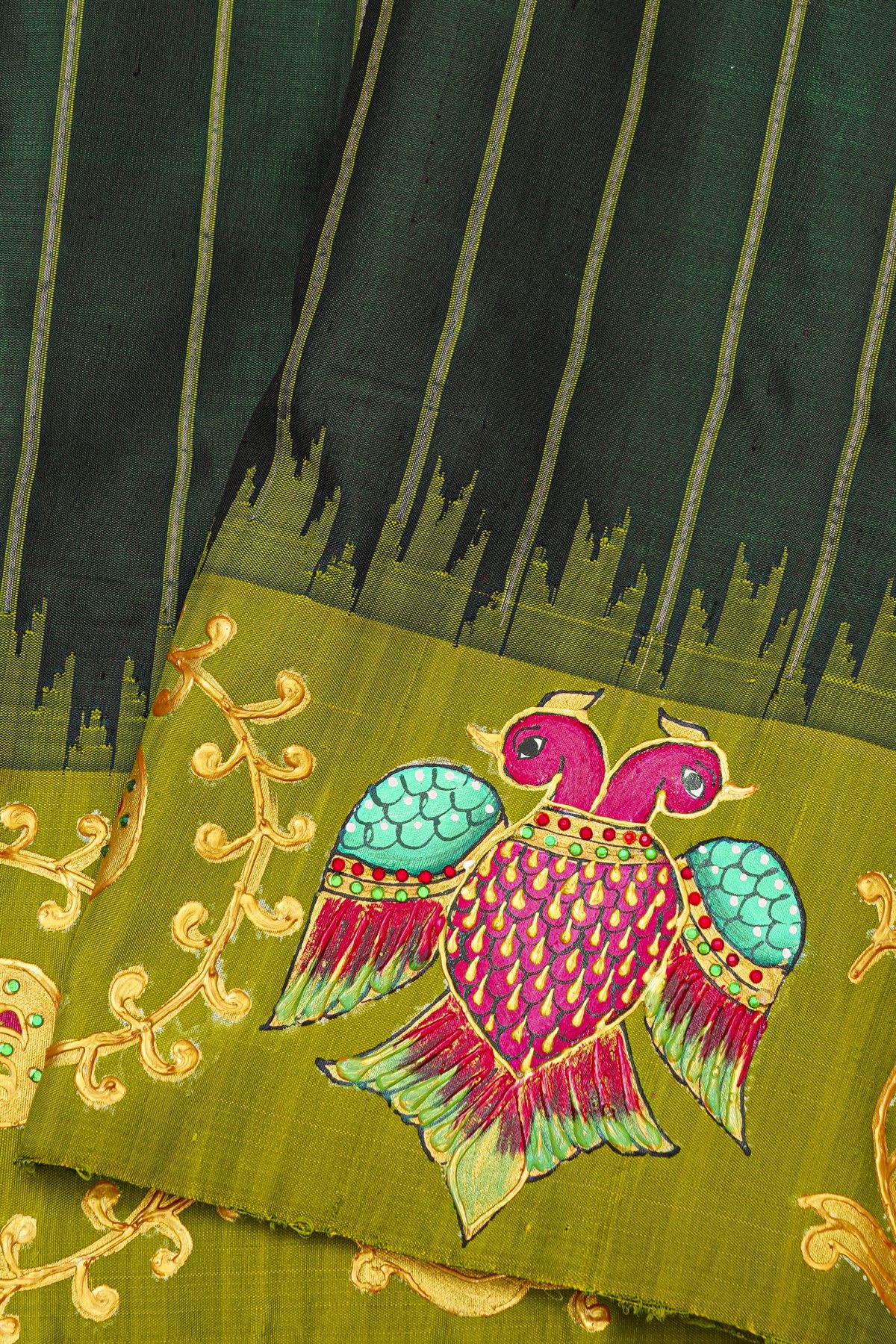 Gadwal Silk Bottle Green Saree With Tanjore Hand-Painted Florals And Gandaberunda Border