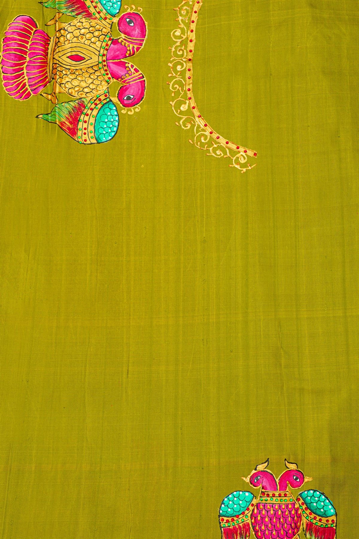Gadwal Silk Bottle Green Saree With Tanjore Hand-Painted Florals And Gandaberunda Border