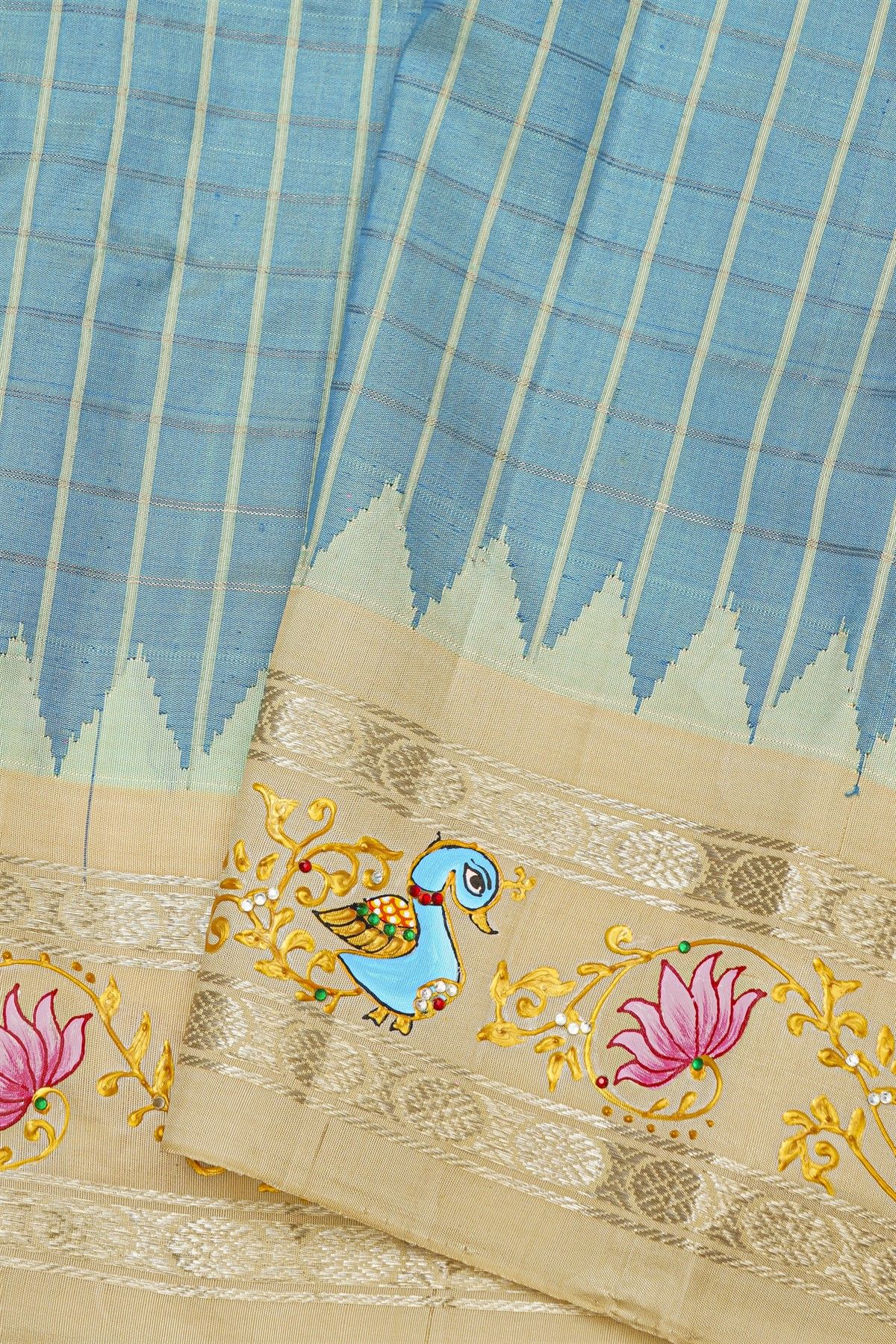 Gadwal Silk Sky Blue Saree With Tanjore Hand-Painted Florals And Peacocks Border