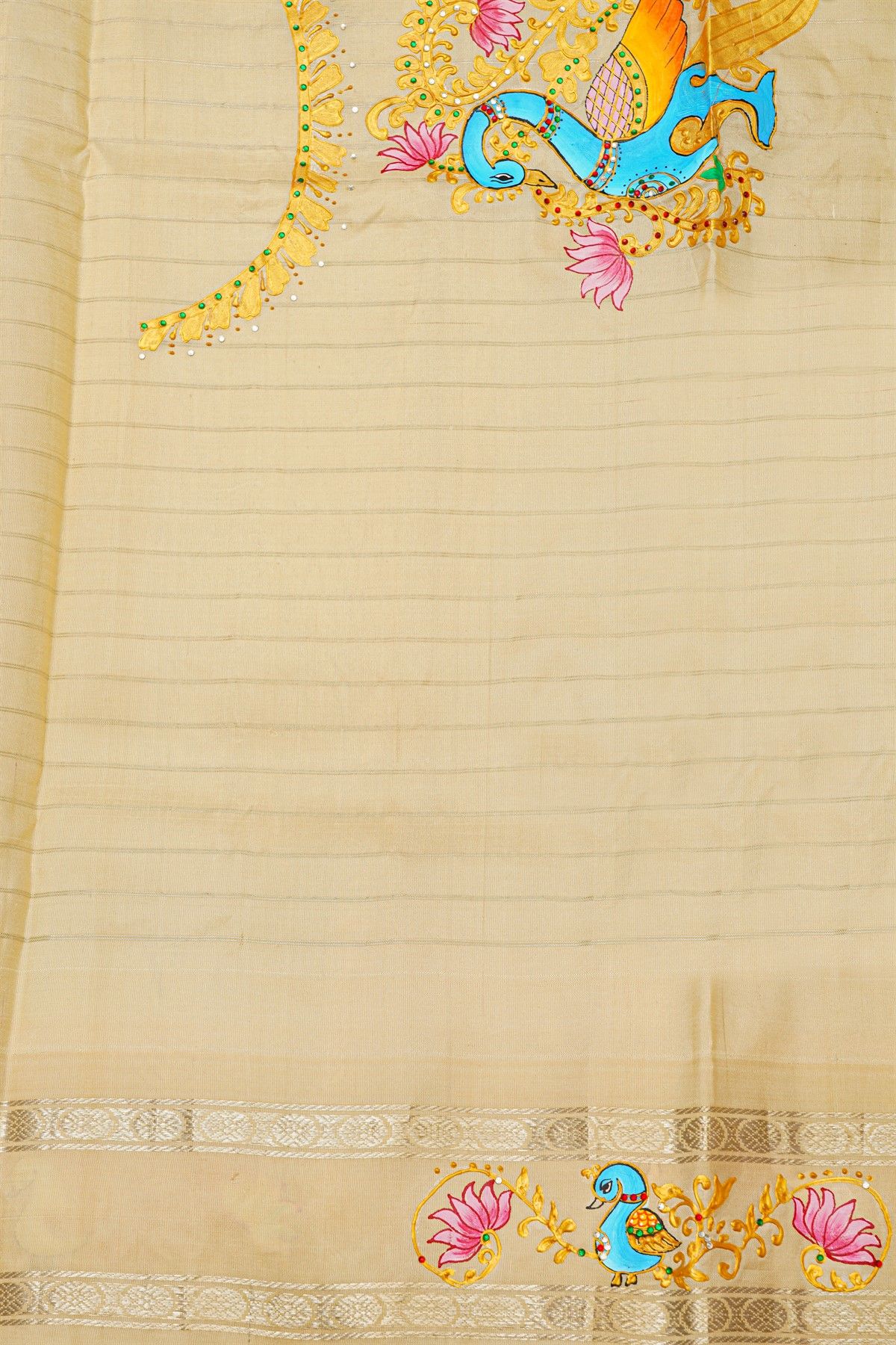 Gadwal Silk Sky Blue Saree With Tanjore Hand-Painted Florals And Peacocks Border