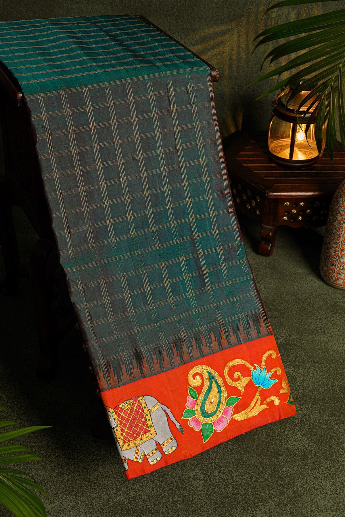 Gadwal Silk Peacock Green Saree With Tanjore Hand-Painted Elephant & Paisley Border
