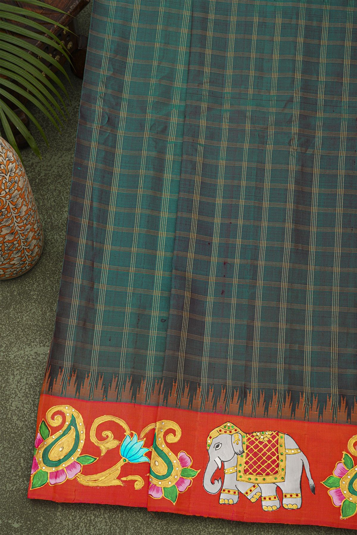 Gadwal Silk Peacock Green Saree With Tanjore Hand-Painted Elephant & Paisley Border