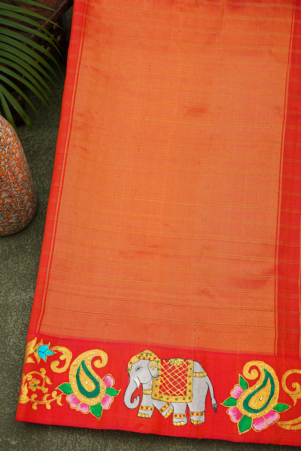 Gadwal Silk Peacock Green Saree With Tanjore Hand-Painted Elephant & Paisley Border
