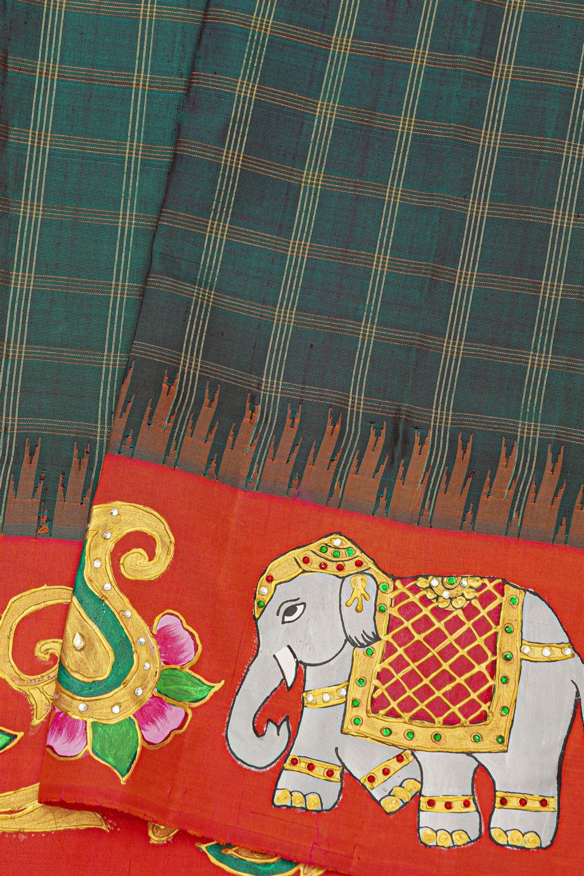 Gadwal Silk Peacock Green Saree With Tanjore Hand-Painted Elephant & Paisley Border