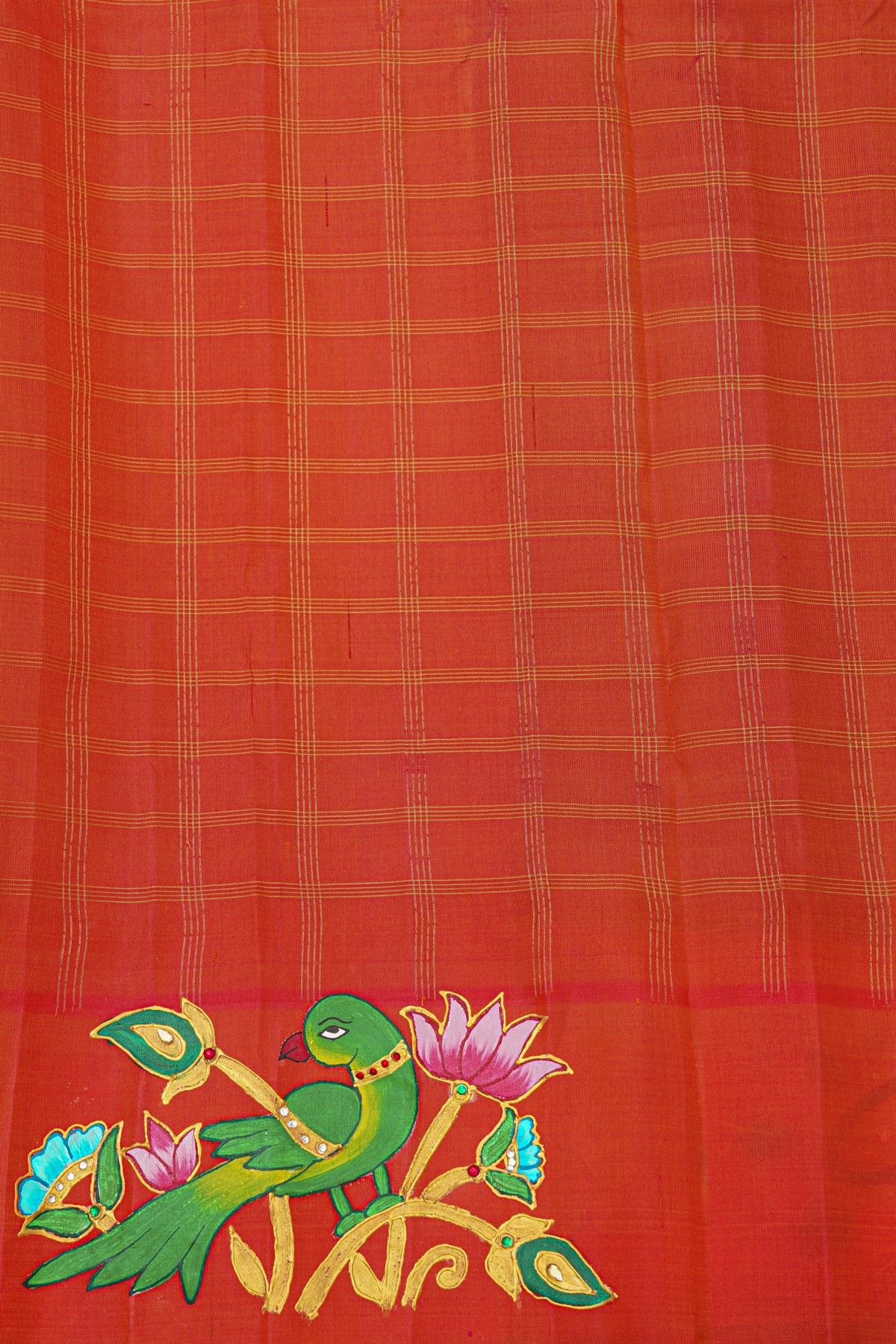 Gadwal Silk Peacock Green Saree With Tanjore Hand-Painted Elephant & Paisley Border
