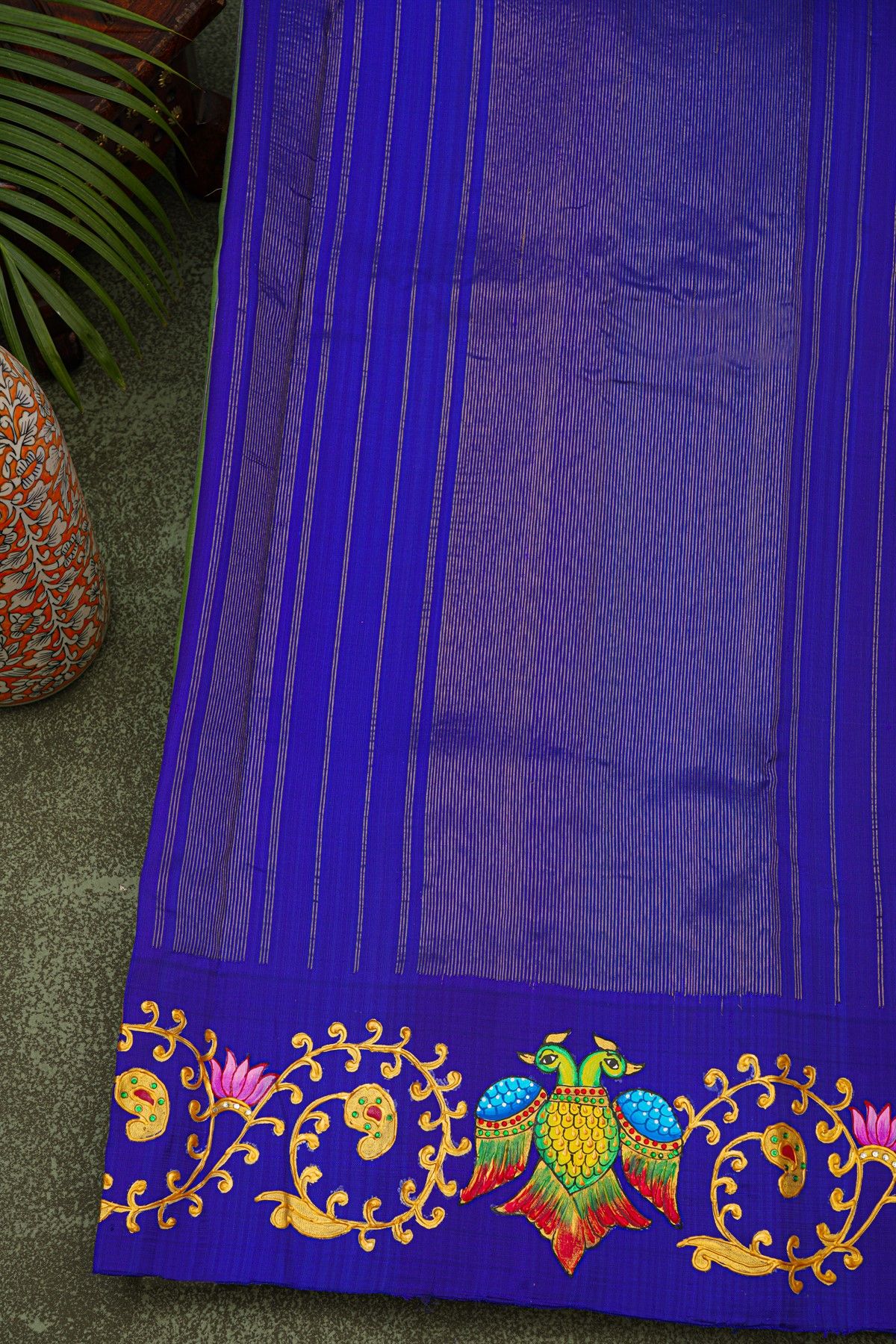 Gadwal Silk Mehendi Green Saree With Tanjore Hand-Painted Florals And Gandaberunda Border