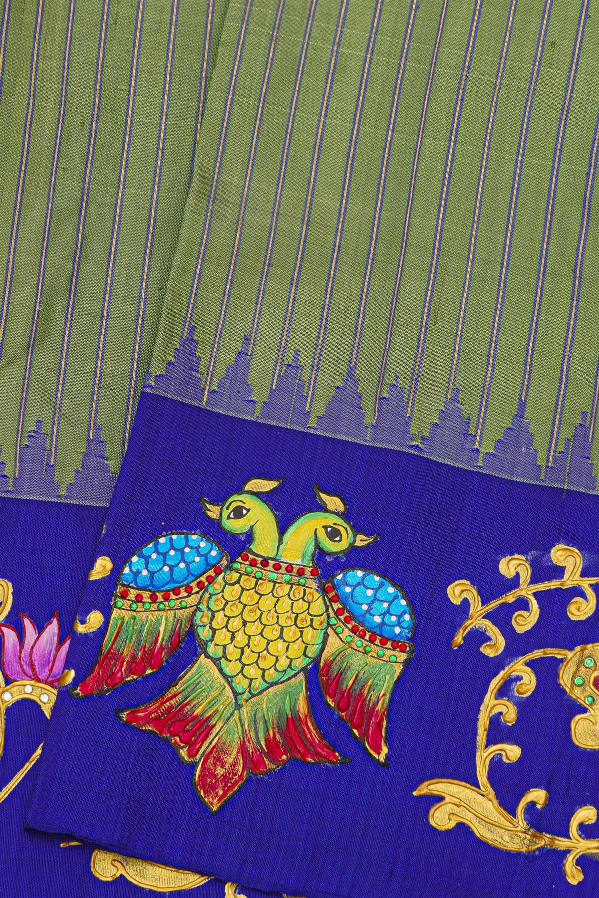 Gadwal Silk Mehendi Green Saree With Tanjore Hand-Painted Florals And Gandaberunda Border