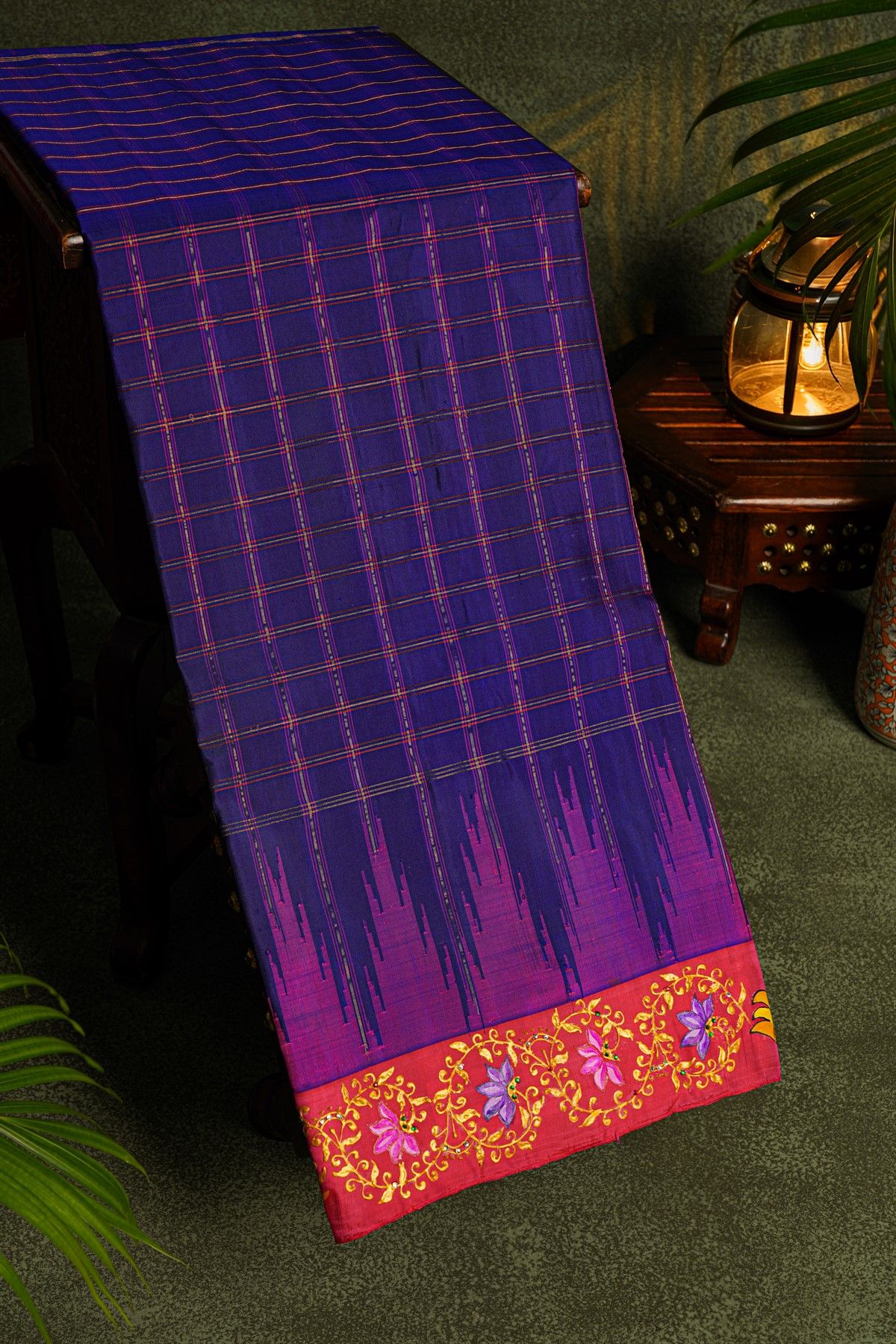 Gadwal Silk Navy Blue Saree With Tanjore Hand-Painted Florals Border
