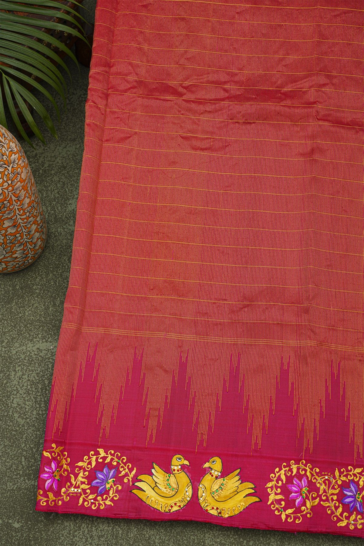 Gadwal Silk Navy Blue Saree With Tanjore Hand-Painted Florals Border