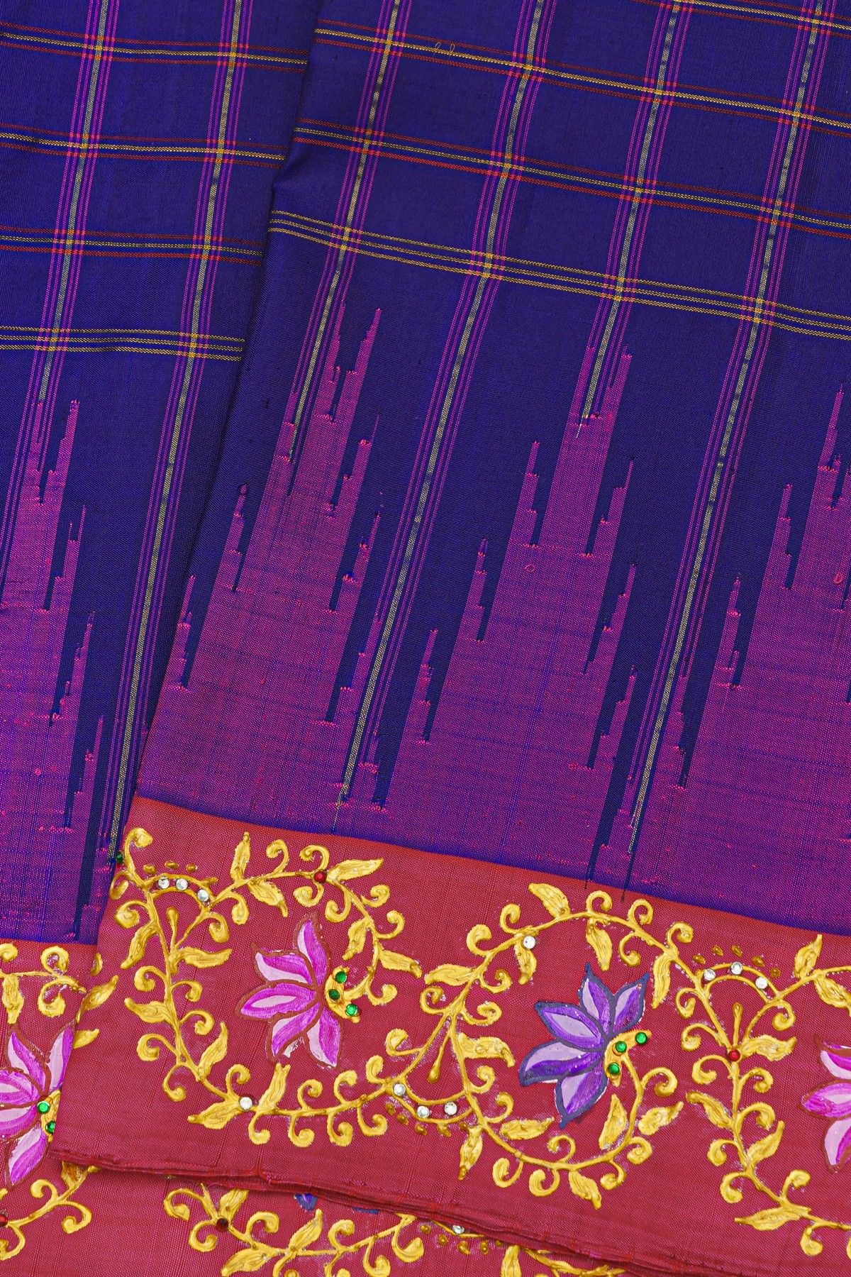 Gadwal Silk Navy Blue Saree With Tanjore Hand-Painted Florals Border