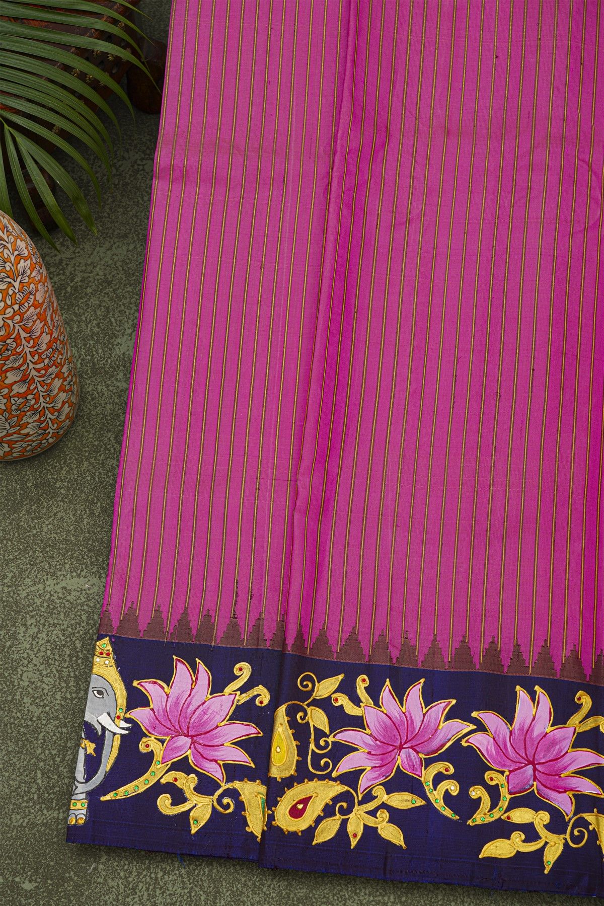 Gadwal Silk Pink Saree With Tanjore Hand-Painted Florals And Elephants Border