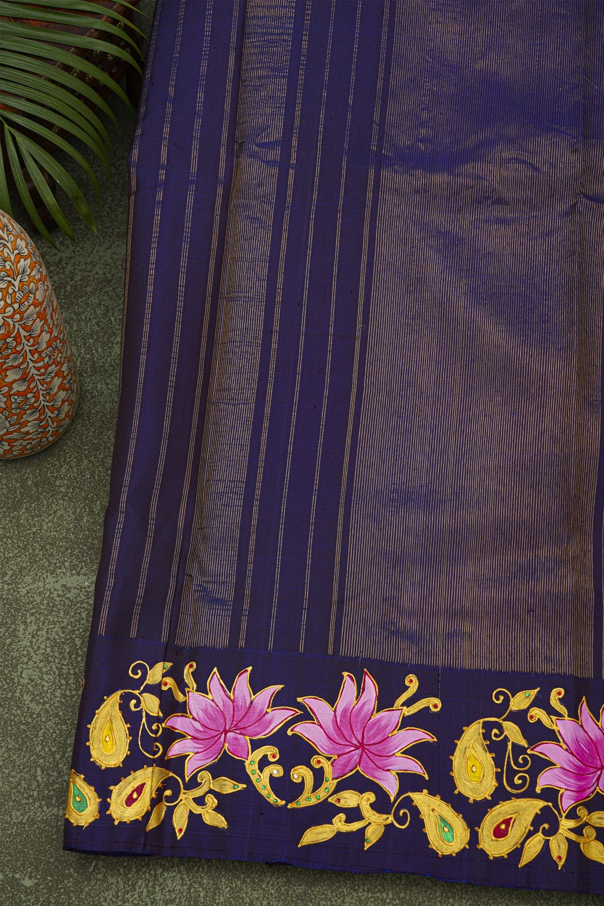Gadwal Silk Pink Saree With Tanjore Hand-Painted Florals And Elephants Border