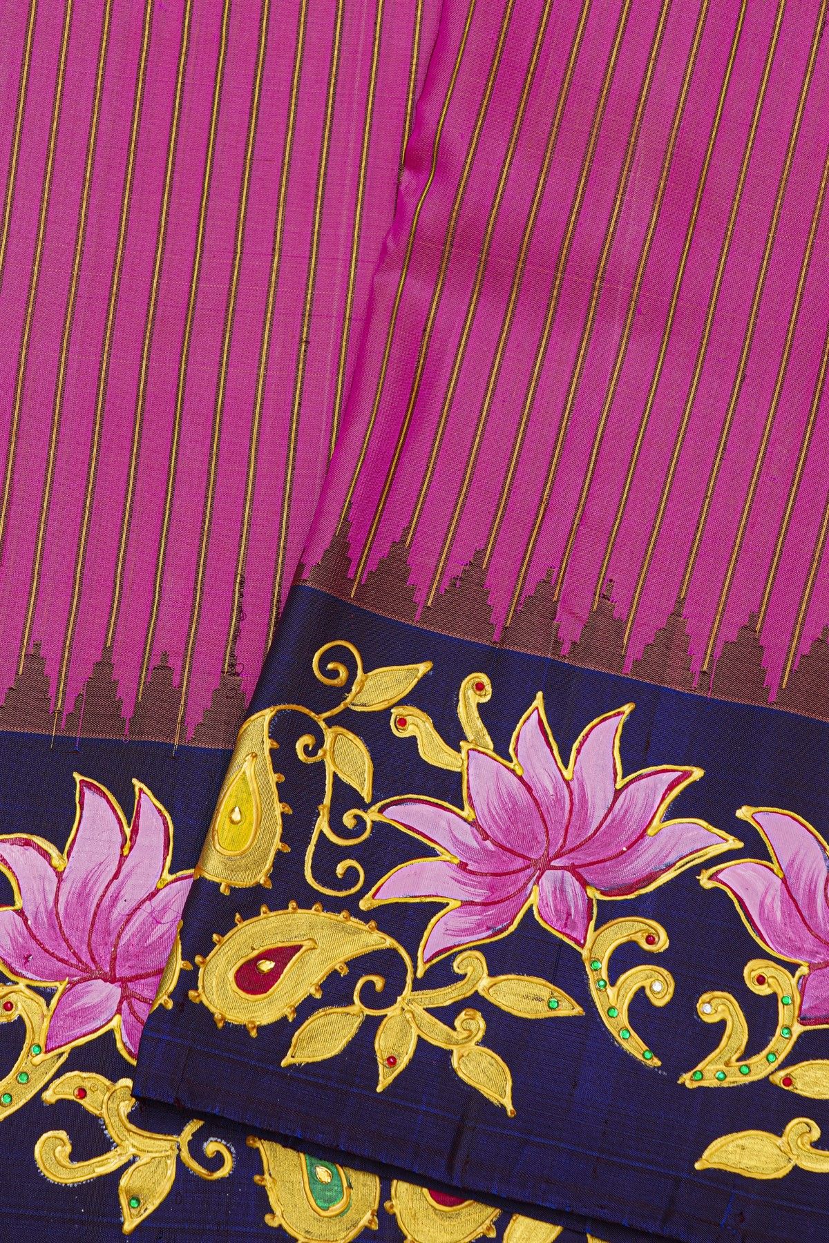 Gadwal Silk Pink Saree With Tanjore Hand-Painted Florals And Elephants Border