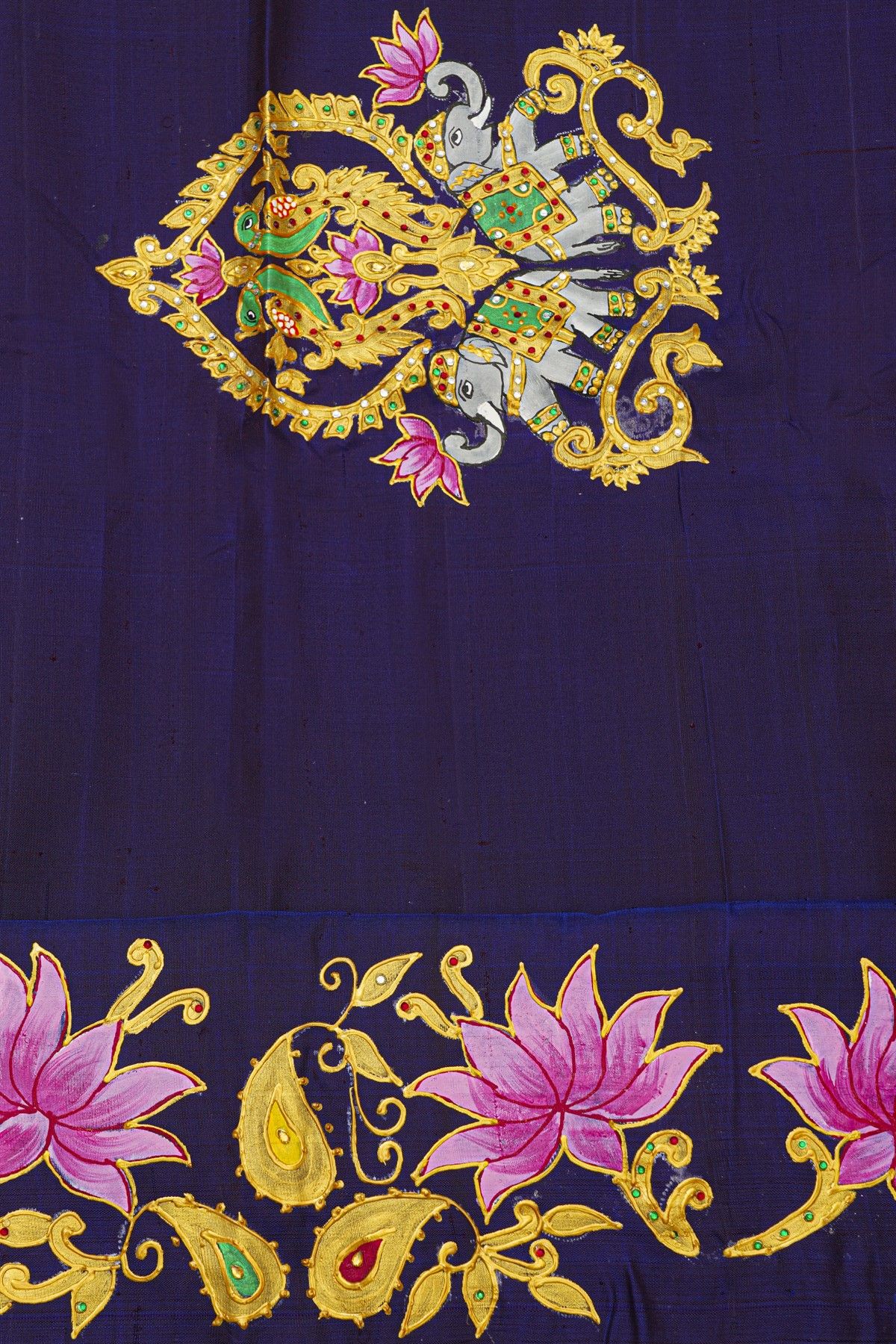Gadwal Silk Pink Saree With Tanjore Hand-Painted Florals And Elephants Border