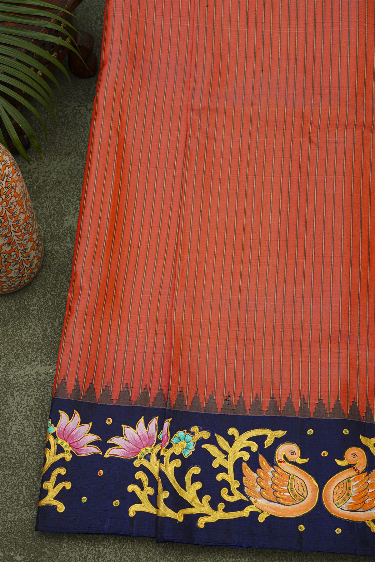 Gadwal Silk Red Saree With Tanjore Hand-Painted Florals And Swans Border