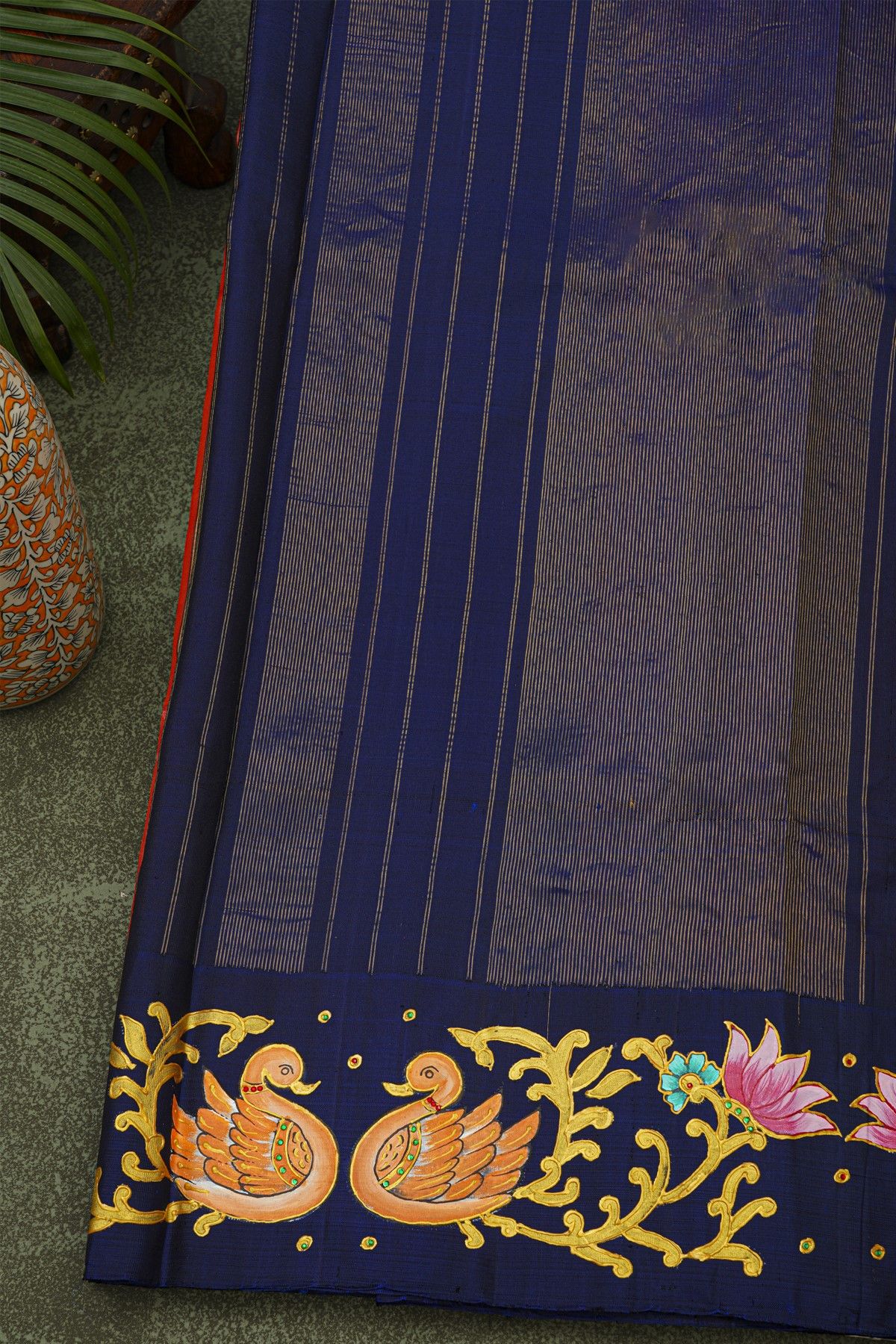 Gadwal Silk Red Saree With Tanjore Hand-Painted Florals And Swans Border