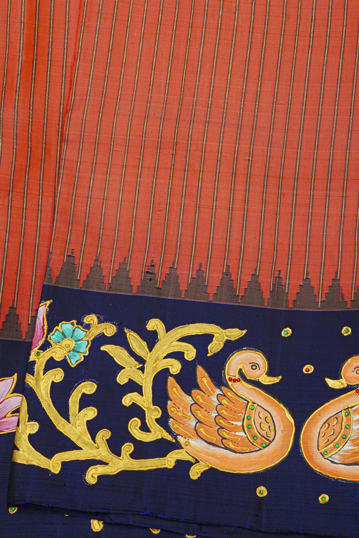 Gadwal Silk Red Saree With Tanjore Hand-Painted Florals And Swans Border