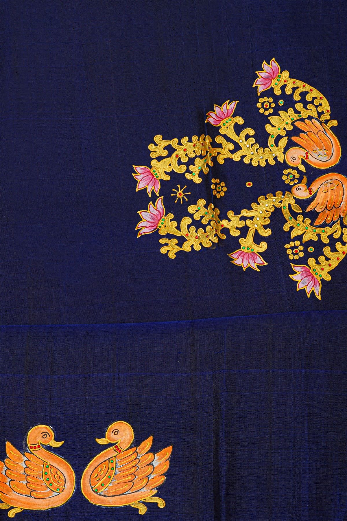 Gadwal Silk Red Saree With Tanjore Hand-Painted Florals And Swans Border
