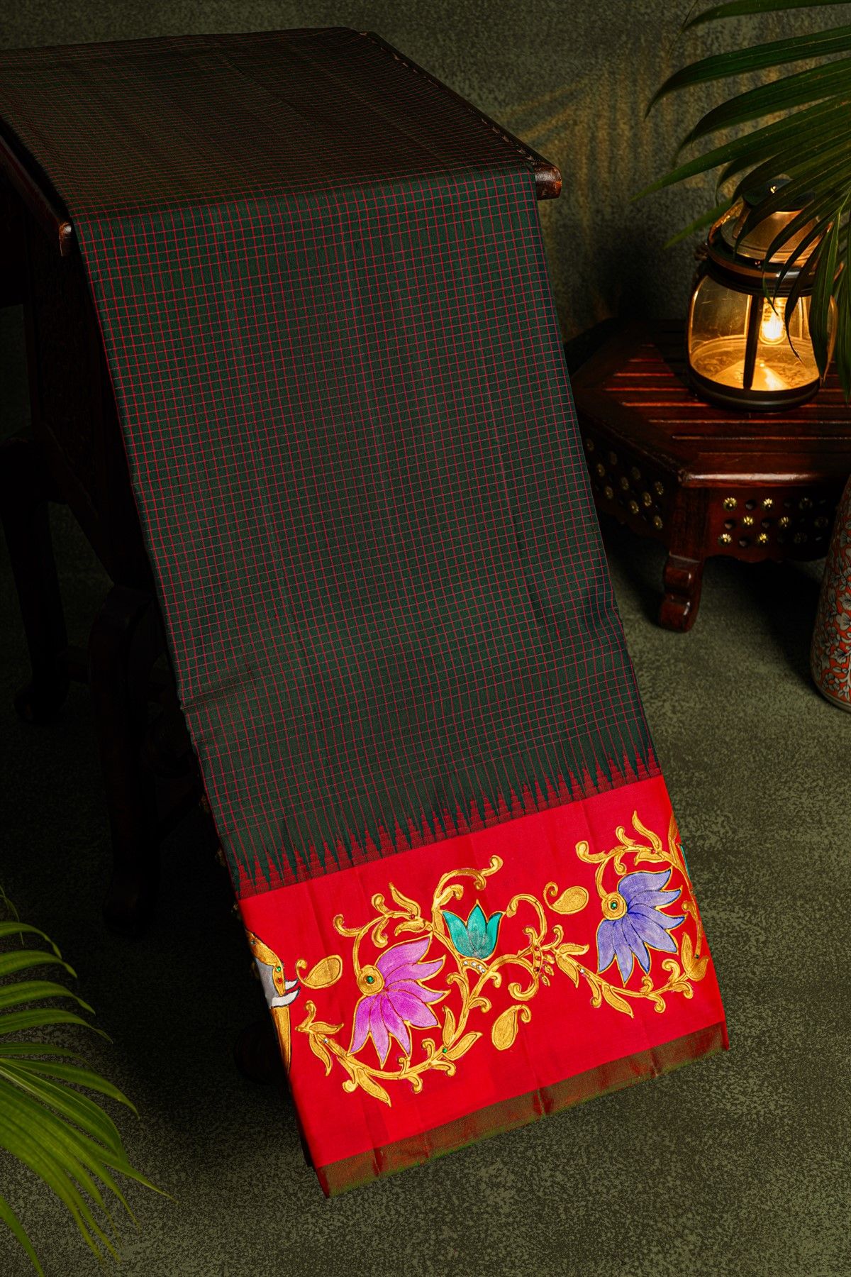 Gadwal Silk Black Saree With Tanjore Hand-Painted Florals And Elephants Border