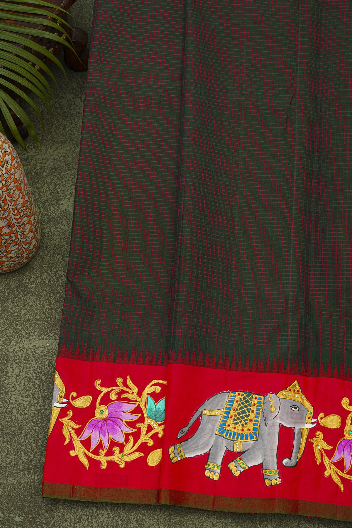 Gadwal Silk Black Saree With Tanjore Hand-Painted Florals And Elephants Border