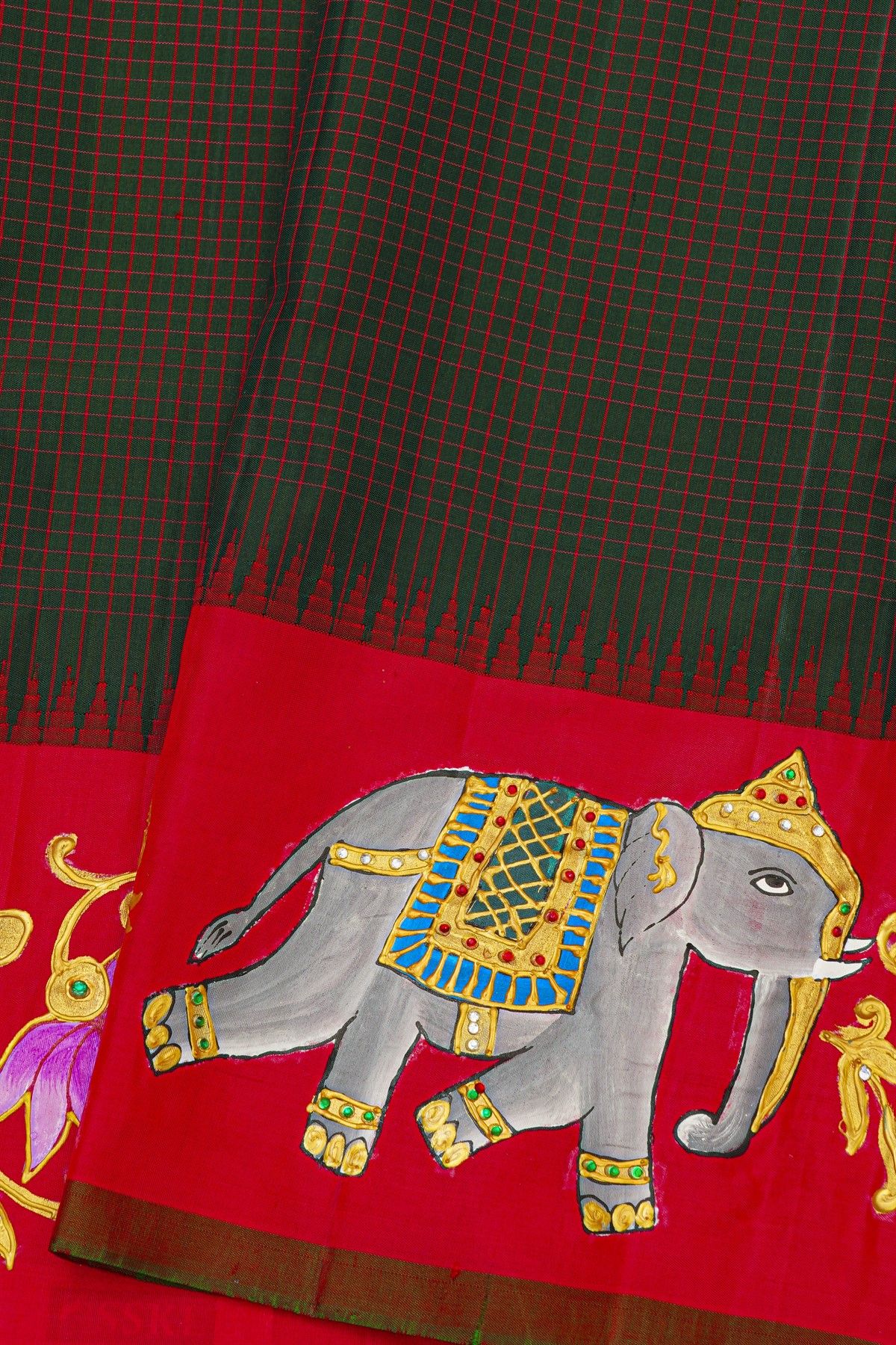 Gadwal Silk Black Saree With Tanjore Hand-Painted Florals And Elephants Border
