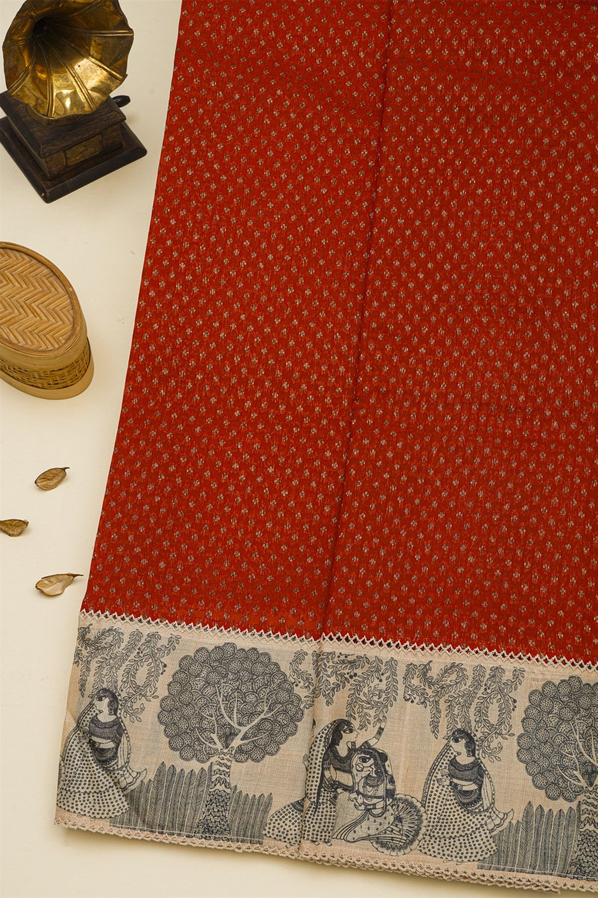 Fancy Kora Red Saree With Florls And Women Mofits Border