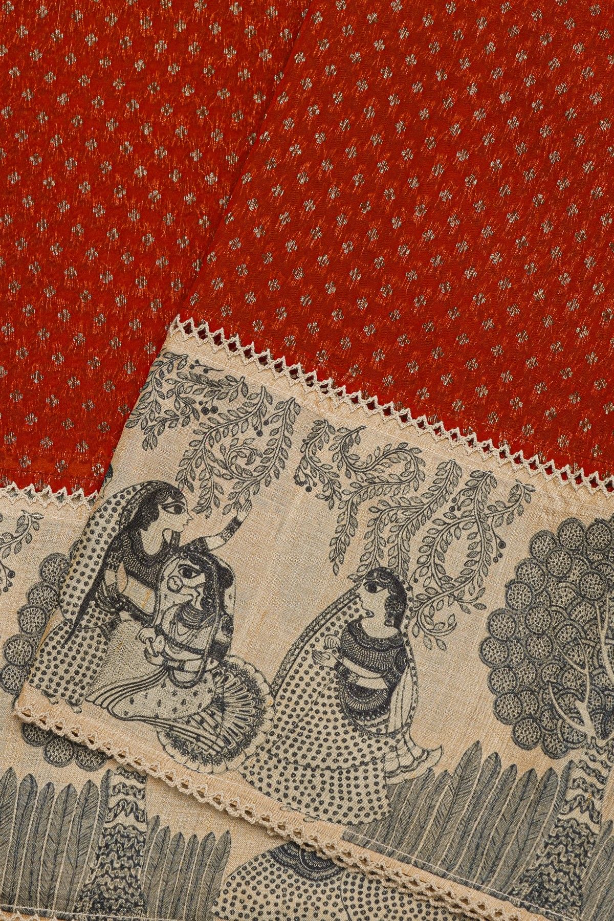 Fancy Kora Red Saree With Florls And Women Mofits Border