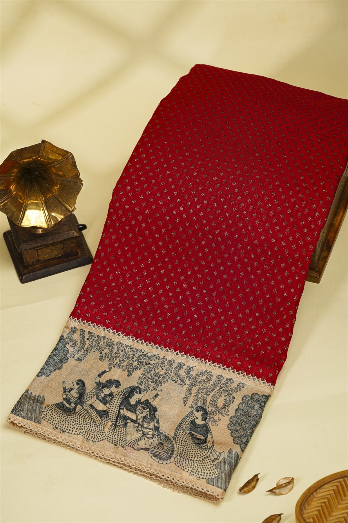 Fancy Kora Red Saree With Florals And Womens Border
