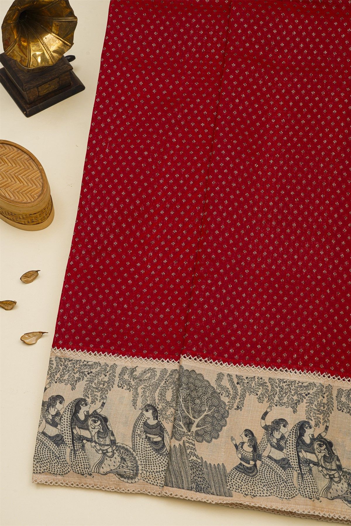 Fancy Kora Red Saree With Florals And Womens Border