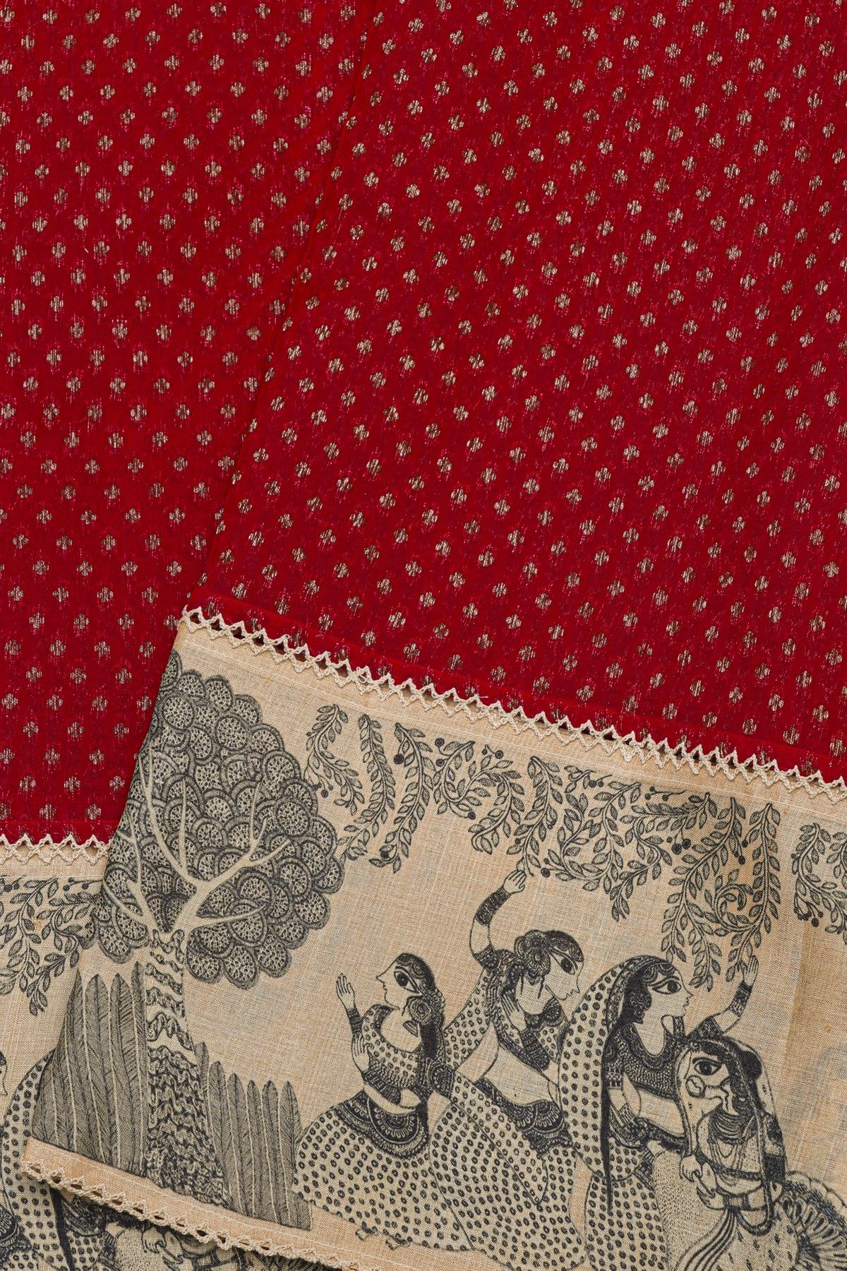 Fancy Kora Red Saree With Florals And Womens Border
