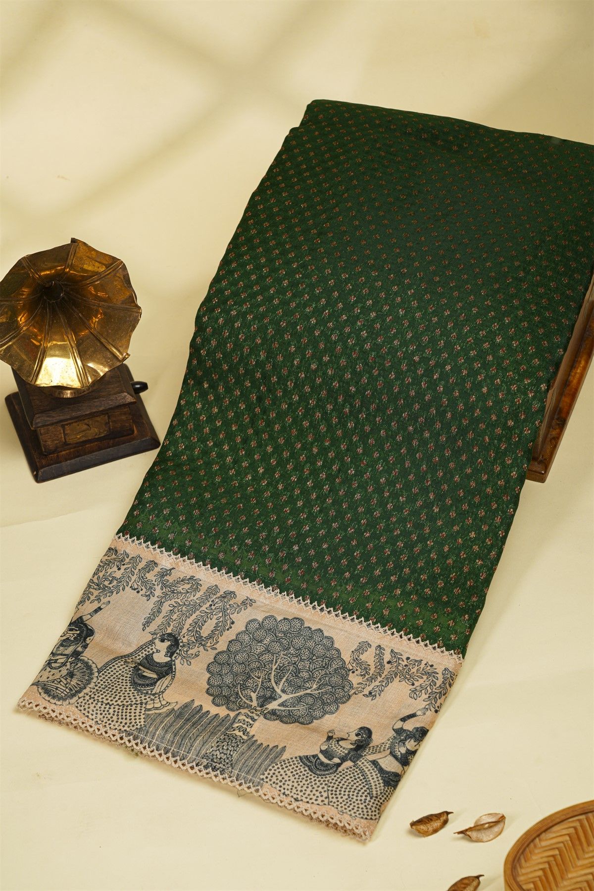 Fancy Kora Bottle Green Saree With Florals And Women Motifs Border