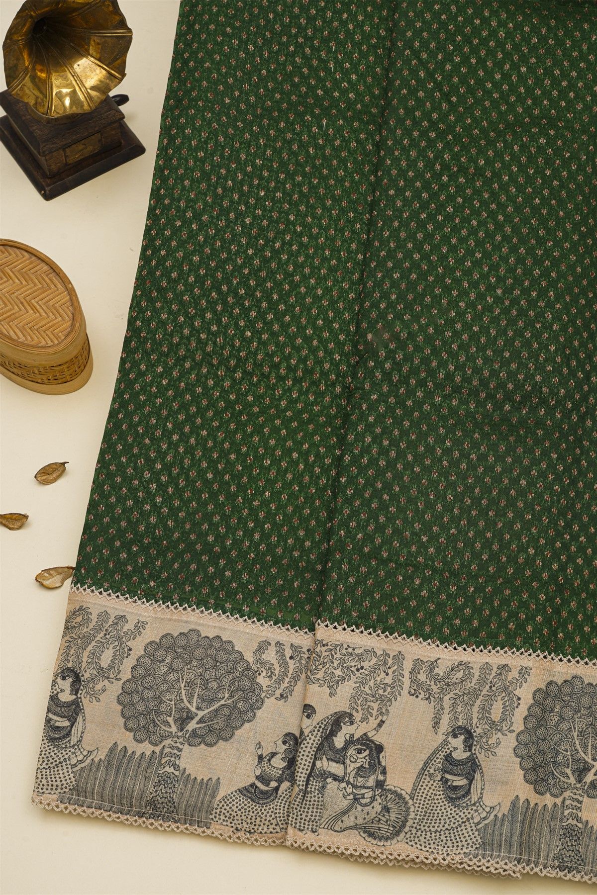 Fancy Kora Bottle Green Saree With Florals And Women Motifs Border