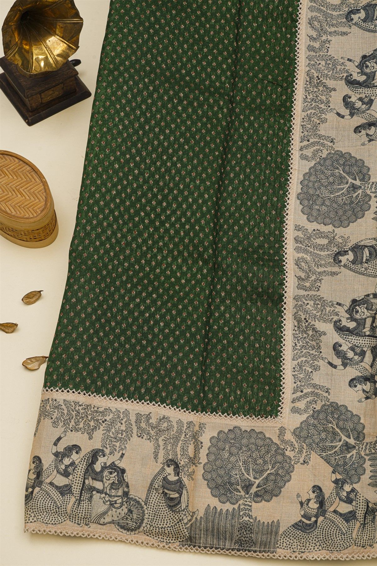 Fancy Kora Bottle Green Saree With Florals And Women Motifs Border