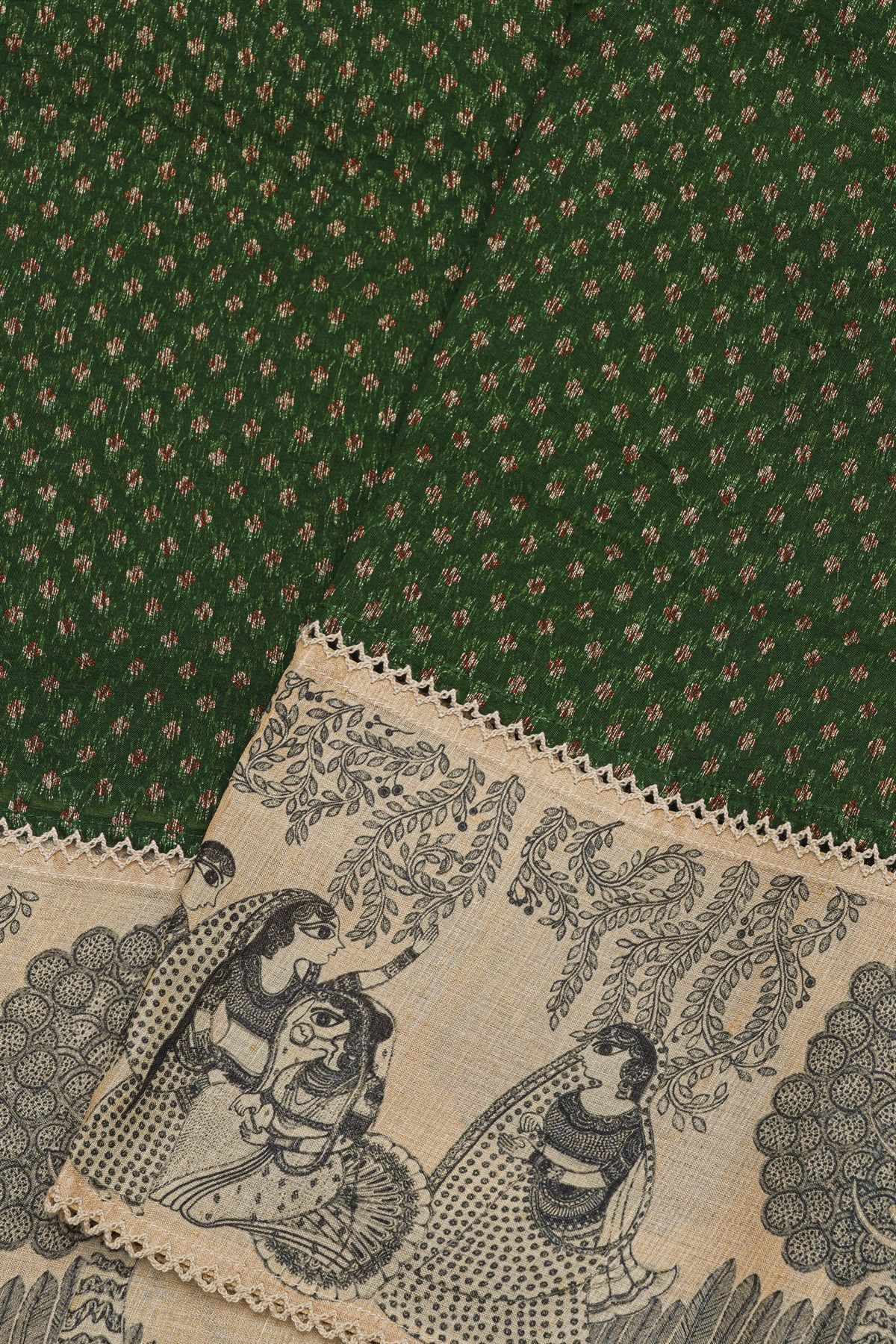 Fancy Kora Bottle Green Saree With Florals And Women Motifs Border