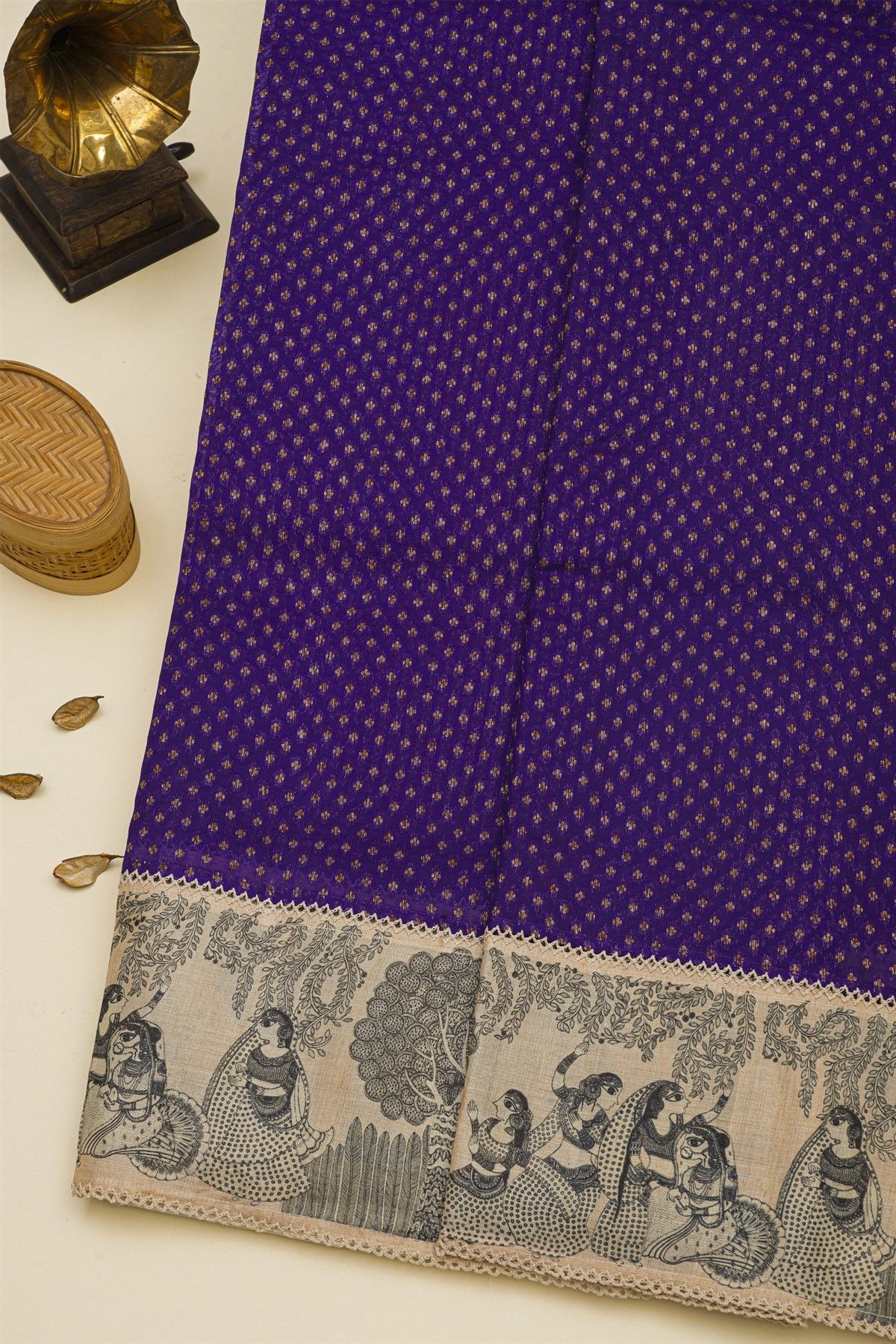 Fancy Kora Navy Blue Saree With Florals And Women Motifs Border