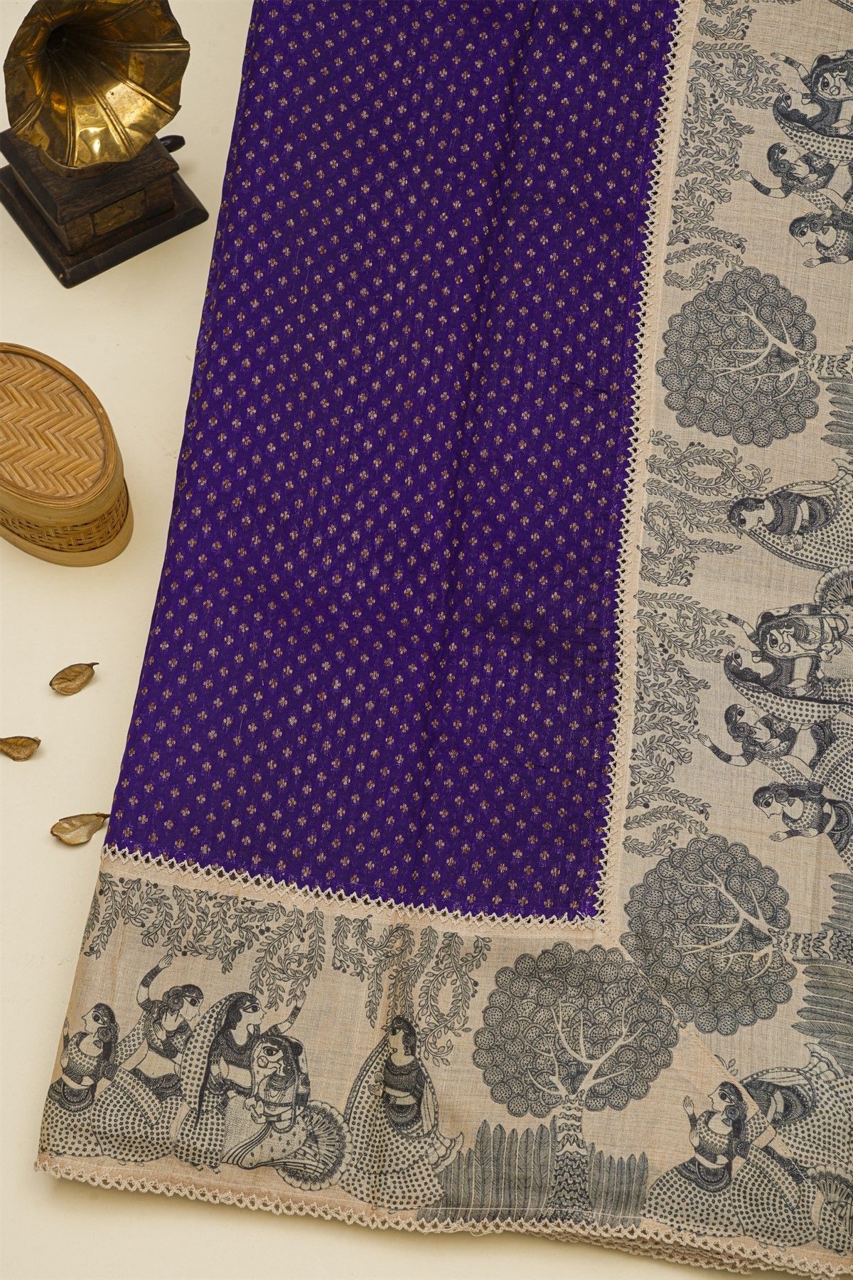 Fancy Kora Navy Blue Saree With Florals And Women Motifs Border