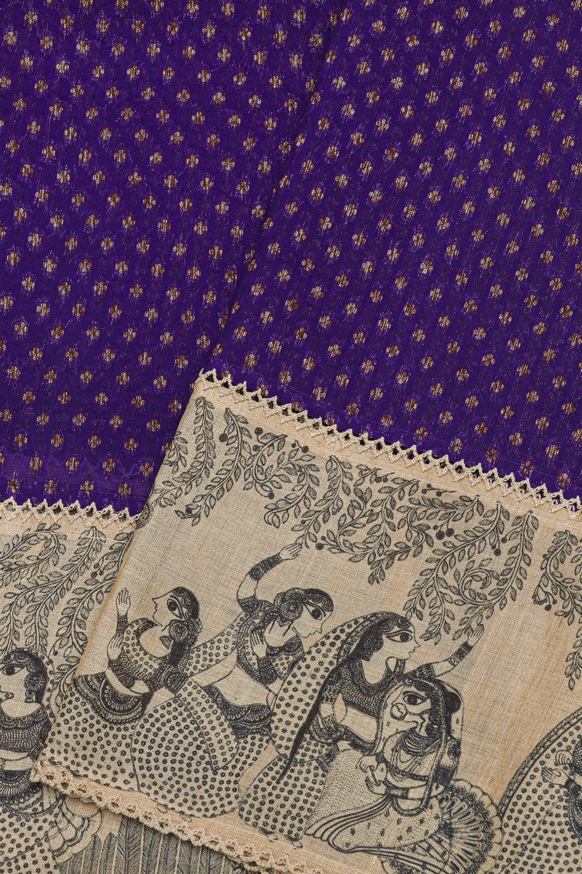 Fancy Kora Navy Blue Saree With Florals And Women Motifs Border