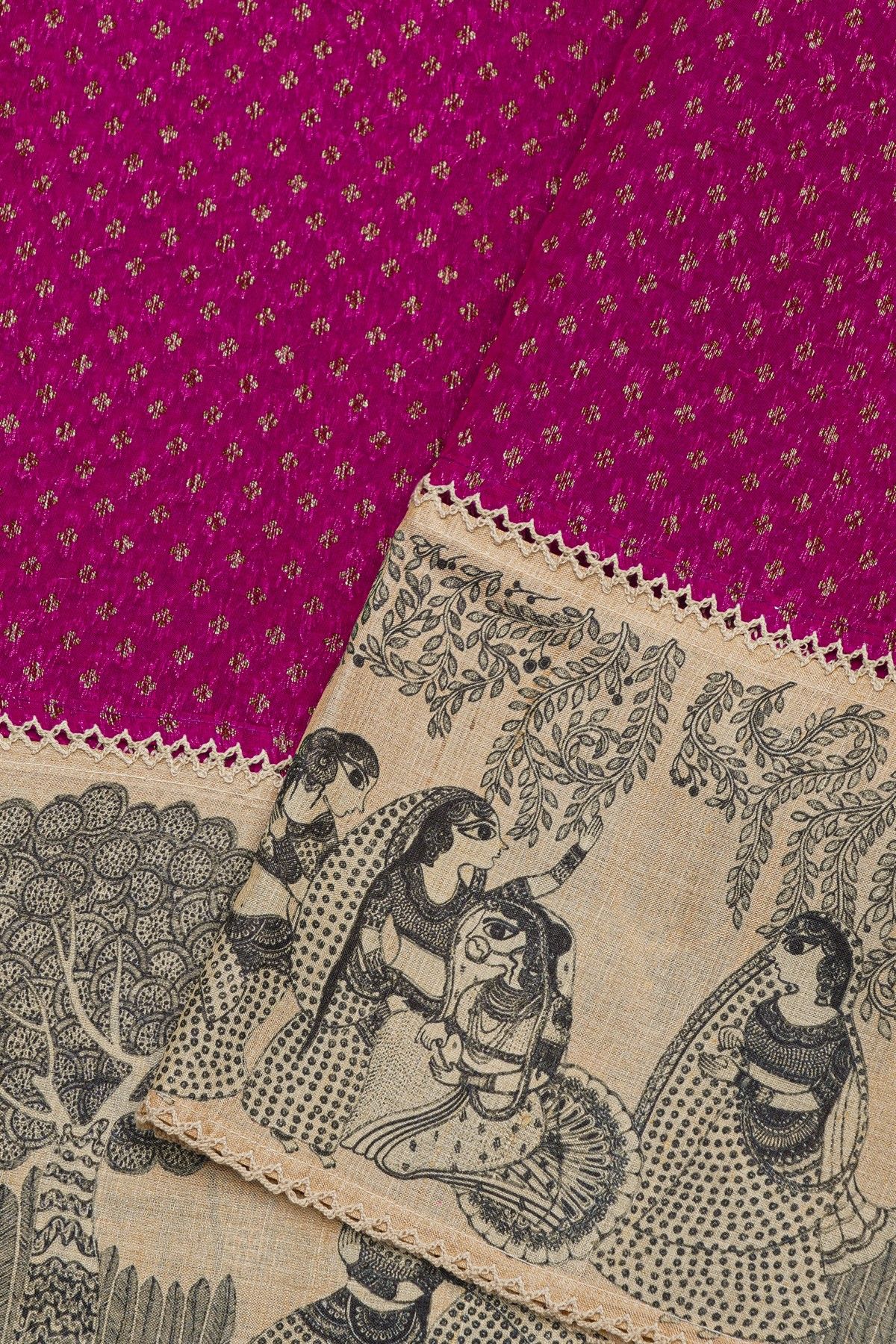 Fancy Kora Magenta Saree With Florals And Women Motifs Border